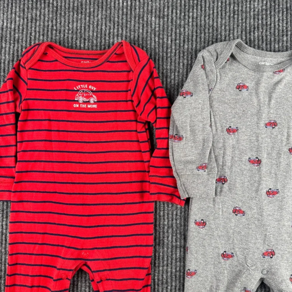 Carters Baby Boy 9M Romper Set 2 Pack Red Striped Gray Car Print Long Sleeve 841